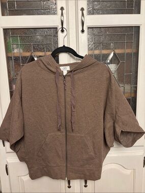 LOFT Taupe Short-Sleeve Zip Hoodie